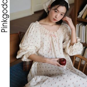 Váy ngủ nữ tay dài dáng rộng cotton phong cách Pháp phong cách vintage mùa xuân