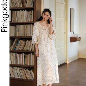 Váy ngủ nữ tay dài dáng rộng cotton phong cách Pháp phong cách vintage mùa xuân