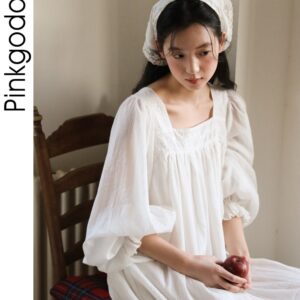 Váy ngủ nữ tay dài cotton phong cách Pháp vintage