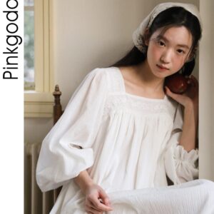 Váy ngủ nữ tay dài cotton phong cách Pháp vintage