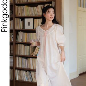 Váy ngủ nữ dáng rộng cotton ren phong cách Pháp phong cách vintage mùa xuân