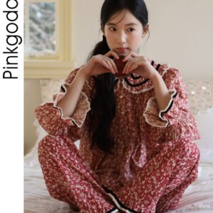 Đồ ngủ nữ tay dài cotton ren phong cách Hàn vintage