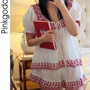 Bộ đồ ngủ nữ cotton tay ngắn phong cách Pháp
