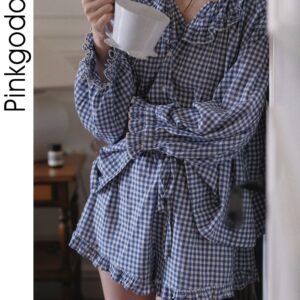 Đồ ngủ nữ tay dài cổ bẻ cotton bộ hai món mùa hè