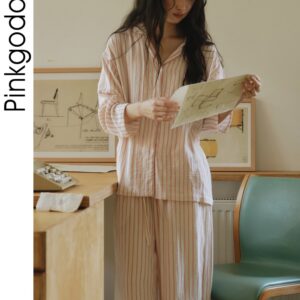 Đồ ngủ nữ tay dài cổ bẻ dáng rộng cotton kẻ sọc phong cách casual bộ hai món mùa thu