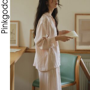 Đồ ngủ nữ tay dài cổ bẻ dáng rộng cotton kẻ sọc phong cách casual bộ hai món mùa thu